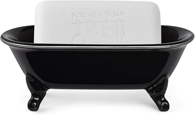 NEWHENGS 6.5" Ceramic Mini Decorative Clawfoot Bathtub Bar Soap Dish, Kitchen Sponge Holder and Shower Tray for Bathroom, 1 Pack (Black Silver Rim)