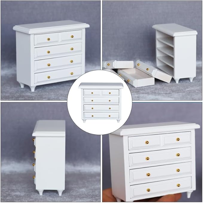 1:12 Dollhouse Miniature Furniture, Solid Wood Cabinet with White Drawers, Mini House Decor for Living Room and Bedroom Scenes, 3.81 X 3.42 X 1.65 Inches