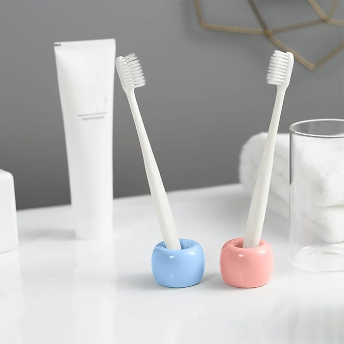 HalfofLife Mini Ceramics Toothbrush Holder Stand for Bathroom Vanity Countertop, Handmade Couple Toothbrush Head Holder, Shaver Holder and Office Pen Holder, Pink&Blue, Pack of 2
