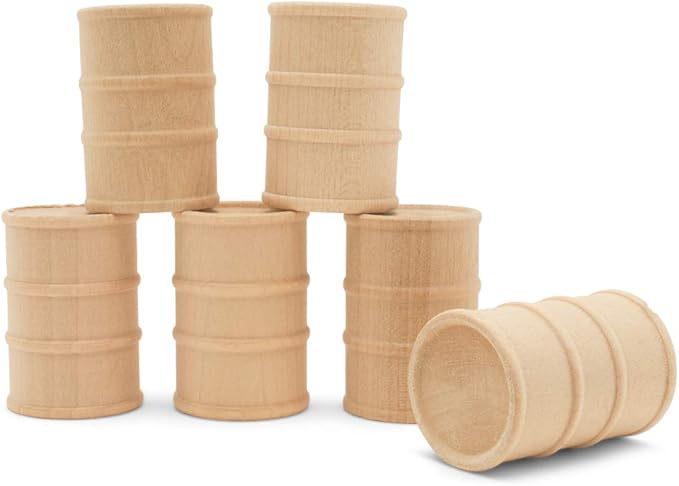 Wooden Oil Drums 1-5/8 Inch, Pack of 50, Small Unfinished Cargo Barrel, Perfect for Miniatures, Scale Models, Play Train Making or Woodworking Craft Projects, by Woodpeckers