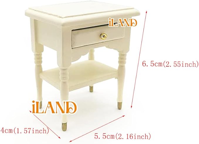 iLAND Wooden Dollhouse Furniture 1/12 Scale, Dollhouse Bedroom Furniture in Cream Color incl Dollhouse Bed & Dressing Table & Wardrobe (Elegant Miniature Furniture 6pcs)