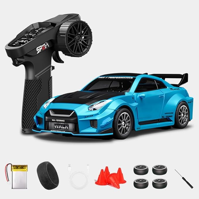 1:43 RC Drift Car D43-02 - 2.4G Full Proportional 4WD Alloy 20KM/H High Speed RC Racing Car with Gyro, Silent Bearings, Adjustable Speed & Lighting(Q8/Blue/D43-02)