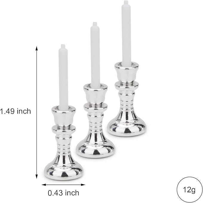 Dollhouse Miniature Candlesticks 3 PCS Candle Holder Set 1/12 Scale Vintage Candles Doll House Desk Ornament Accessories with Metal Round Base for for Fairy Garden (Silver)