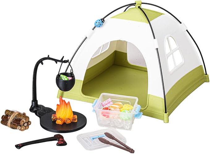 1/12 Scale Mini Realistic Camping and Picnic Model Set, Food-Play Props, Prentend-Play Accessory Set (Green Tent + Light + Ladybug + Picnic Food Items/Light-Up)
