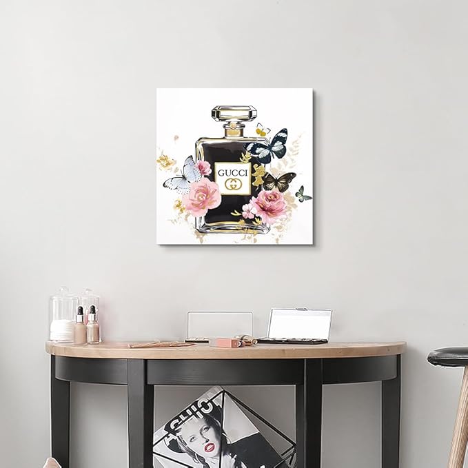 Dream Land Fashion Perfume Bottle Wall Art: Trendy Pink Gold Flowers Canvas Painting 12"x12" Rose Butterfly Picture