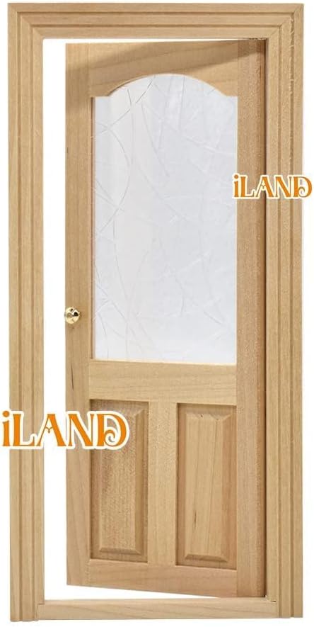 iLAND Dollhouse Door on 1:12 Scale, Miniature Door w/ 3D Windowpanes Reflecting Rainbow Light & Handles