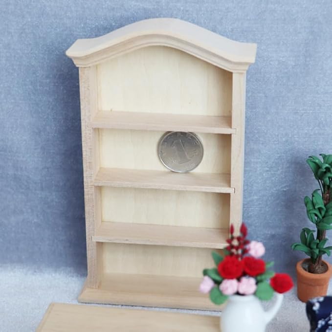 Garneck Dollhouse Wooden Bookshelf 1:12 Scale Miniature Dollhouse Furniture Arc Top Bookcase Storage Rack DIY Mini Modeling Toy