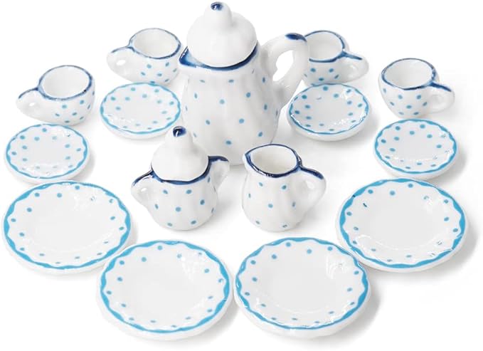 Odoria 1/12 Miniature Porcelain Tea Set 15Pcs Dollhouse Decoration Accessories, Blue Dots