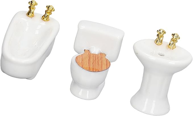 shenruifa 3Pcs Dollhouse Miniature Bathroom Set, 1:24 Ceramic Simulation Bathtub Toilet Sink Dollhouse Bathroom Furniture (Pure White)