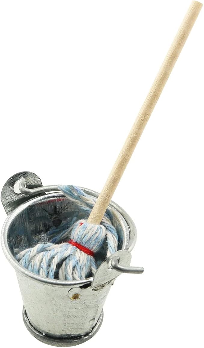 TAODAN Mini Cleaning SetFloor Mop with Galvanized Bucket 1Set Miniature 1:12 Scale Fairy Garden Furniture Retro Vintage Mop with Bucket Dollhouse Miniature Doll Furniture Accessories Gifts