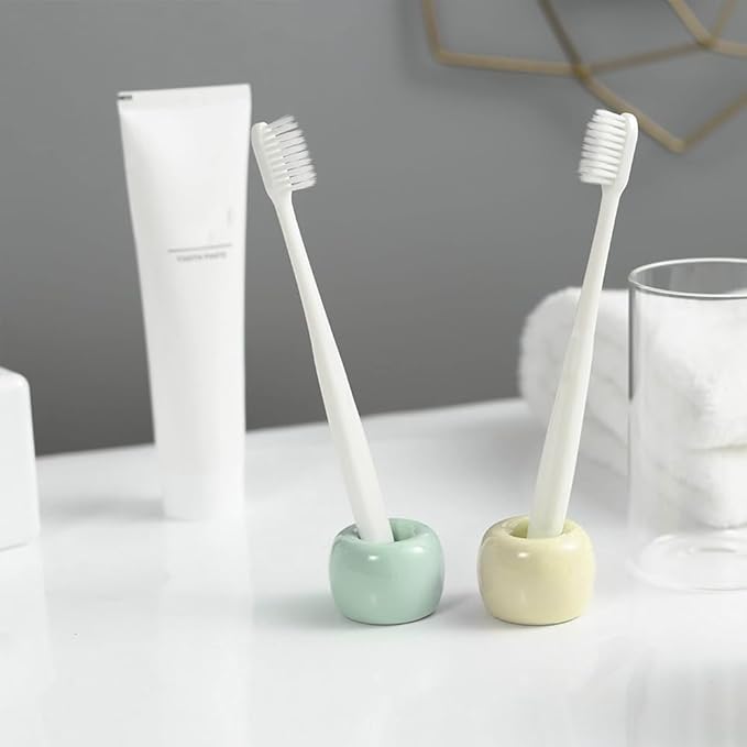 HalfofLife Mini Ceramics Toothbrush Holder Stand for Bathroom Vanity Countertop, Handmade Couple Toothbrush Head Holder, Shaver Holder and Office Pen Holder, Yellow&Green, Pack of 2