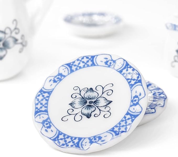 Odoria 1/12 Miniature Porcelain Tea Set 15Pcs Dollhouse Decoration Accessories, Blue Petals