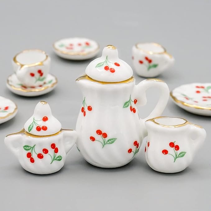 Odoria 1/12 Miniature Porcelain Tea Set 15Pcs Dollhouse Decoration Accessories, Cherry