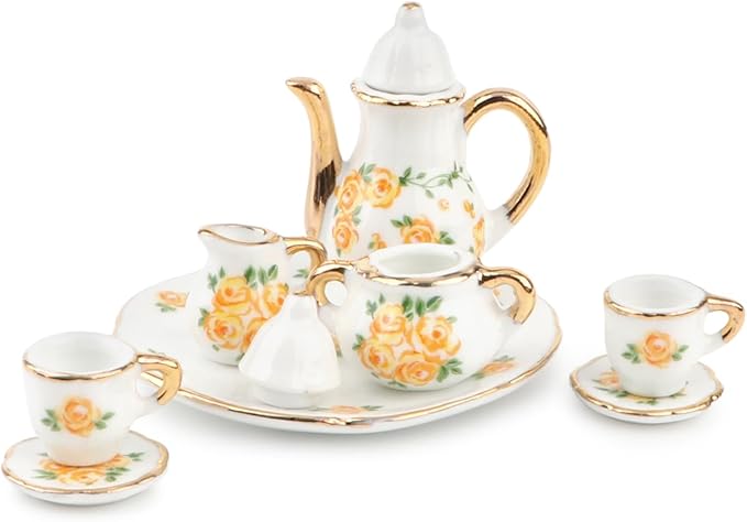 Dollhouse 1:6 Porcelain Tea Cup Sets 8 Pcs Set Miniature Ceramics Dollhouse Accessories Flower Pattern Teapot Platter Dish Sets Dollhouse Kitchen Supplies Decoration (Yellow)