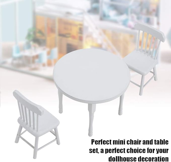 1/12 Scale Dollhouse Furniture Set, Wooden Table and 2 Chairs Miniature White Living Room Decor for Doll House Accessories (Three-Piece Table and Chair Set)