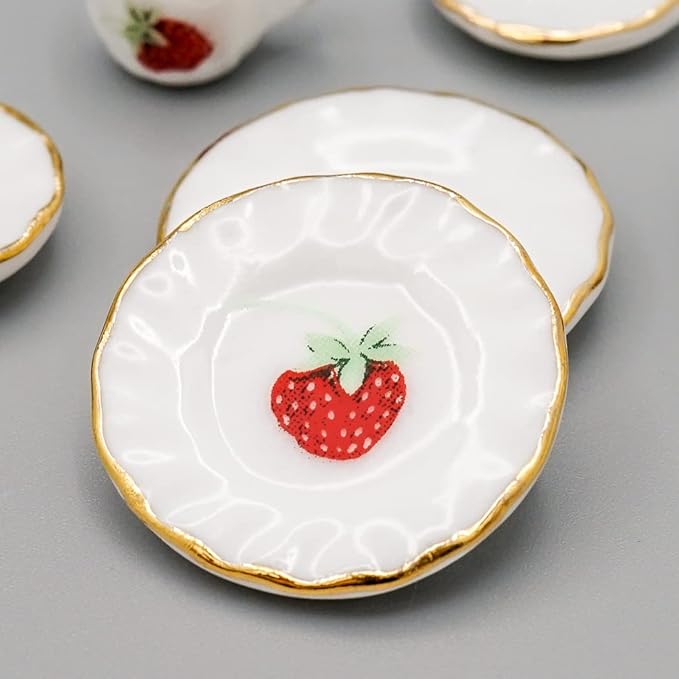 Odoria 1/12 Miniature Porcelain Tea Set 15Pcs Dollhouse Decoration Accessories, Strawberry