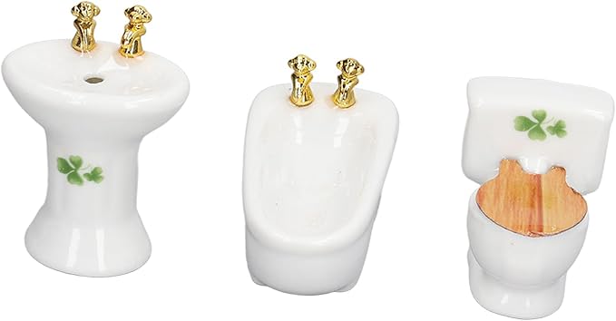 shenruifa 3Pcs Dollhouse Miniature Bathroom Set, 1:24 Ceramic Simulation Bathtub Toilet Sink Dollhouse Bathroom Furniture (4 Leaf)