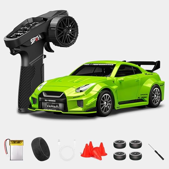 1:43 RC Drift Car D43-02 - 2.4G Full Proportional 4WD Alloy 20KM/H High Speed RC Racing Car with Gyro, Silent Bearings, Adjustable Speed & Lighting(Q3/Apple Green/D43-02)
