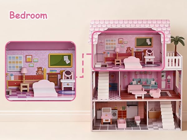 3 Story Dollhouse for Girls with Furniture, Pink Wooden Doll House Playset for Kids Ages 3-8, Multi-Room Modern Doll Cottage with Movable Accessories, Storage & Easy Assembly for Imaginative Role Play
