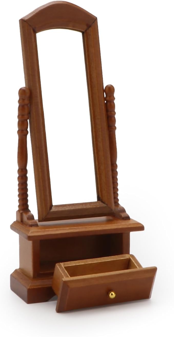 Miniature Furniture Fitting Mirror 1:12 Scale Dollhouse Bedroom Dressing Mirror with Drawer Model Accessory Mini Scene Ornament Desktop Decoration (Brown)