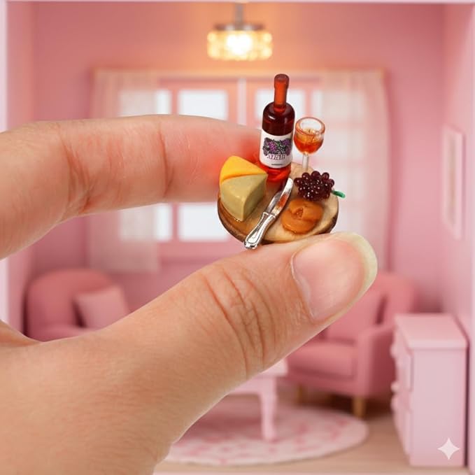 1:24 Mini Wine Decor Scale Dollhouse Miniatures – Miniature Wine Cheese and Board Platter Accessory with Tiny Bread Pastries and Bottle – DIY Micro Food Model for Kitchen Dining Room Scene Decor