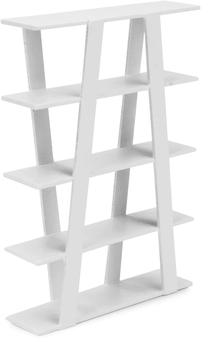 Dollhouse Shelf Miniature Furniture Bookshelf 1/12 Scale Wooden Storage Rack Four Tier Shelves Doll House Accessories and Furniture Display Stand Mini Scene Ornaments Decoration (White)