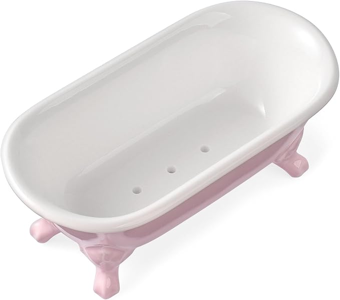 NEWHENGS 6.5" Ceramic Mini Decorative Clawfoot Bathtub Bar Soap Dish, Kitchen Sponge Holder and Shower Tray for Bathroom, 1 Pack (Pink)
