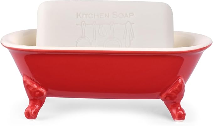 NEWHENGS 6.5" Ceramic Mini Decorative Clawfoot Bathtub Bar Soap Dish, Kitchen Sponge Holder and Shower Tray for Bathroom, 1 Pack(Chili)