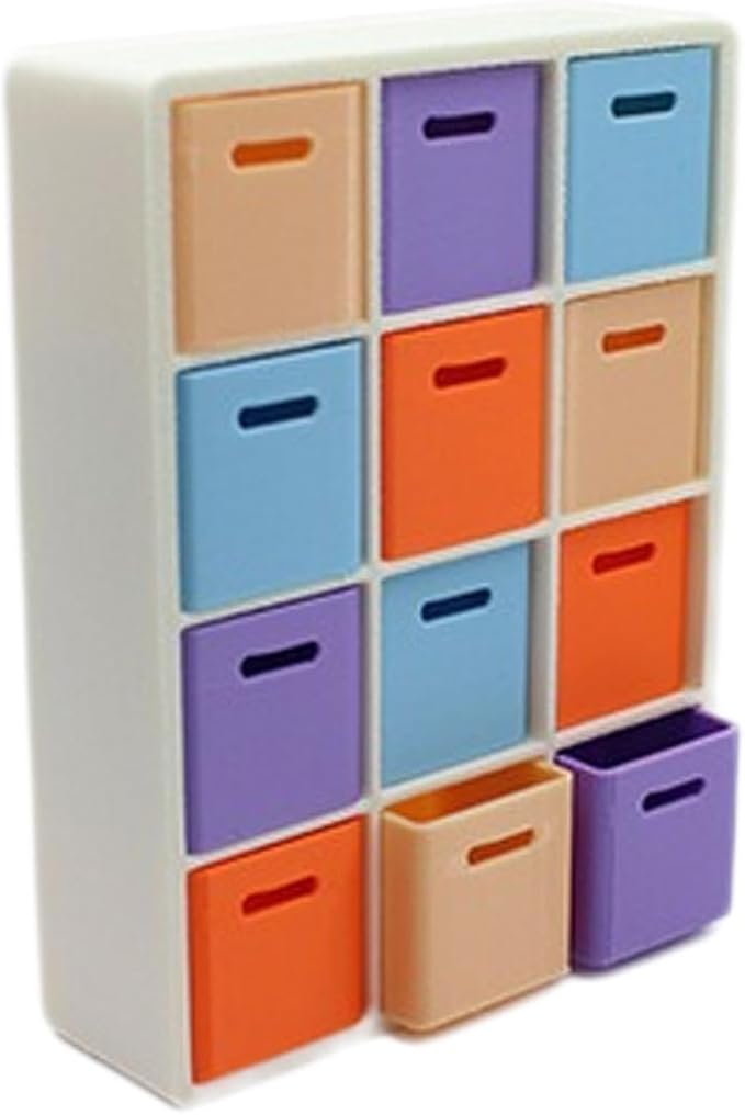 LOGOFUN 1:12 Miniature Dollhouse Storage Rack with 12 Compartments and 4 Color Boxes Miniature Bookshelf Organizer with Cabinets