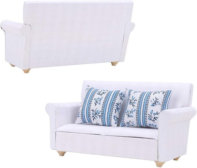 Dollhouse Sofa,1:12 Simulation Miniature Furniture White Sofa with Back Cushions Model Toy for Fairy Gardens Dollhouse Living Room Scene Decoration Accessories(2 Seat Sofa)