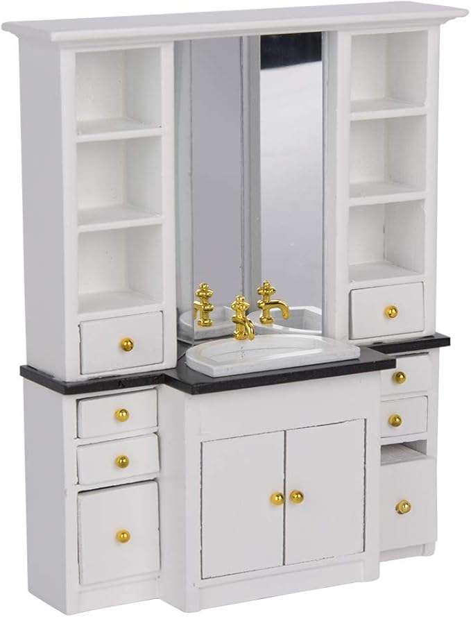 RASTKY 1:12 Scale Dollhouse Miniature Furniture Set - White Bathroom Basin Cabinet Kitchen Decor with Sink Vanity, Wooden Mini Kit for Dollhouse Accessories, 1/12 Bedroom (White)