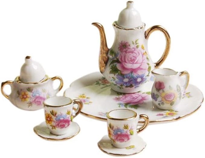 Dollhouse Decoration Kitchen Accessories, 8pcs Dining Ware Porcelain Tea Cup Set Pink Dish Cup Plate with Golden Trim 1/6 Dollhouse Miniature