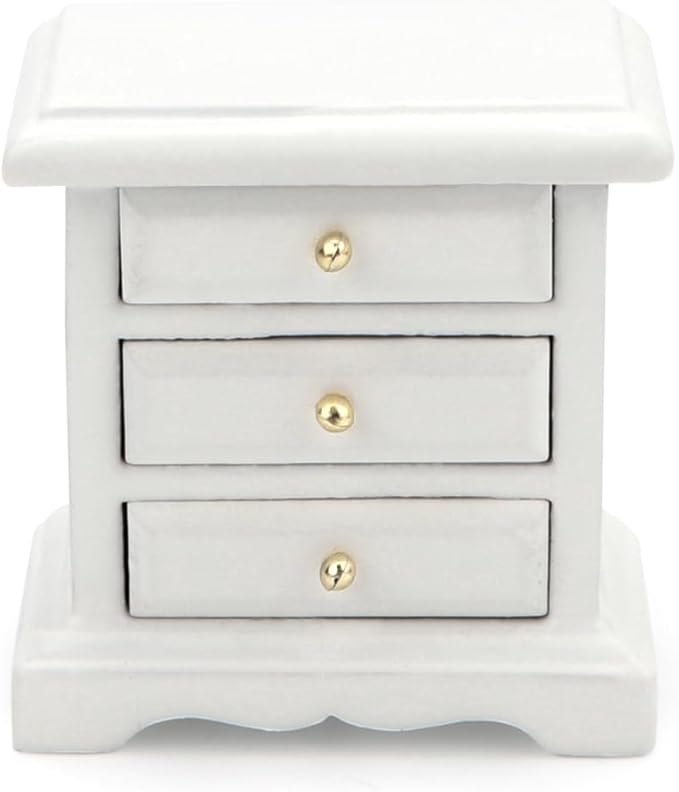 Miniature Bedside 1:12 Furniture Dollhouse Nightstand Bedroom Drawer Cabinet Model Accessories Mini House Scene Building Tabletop Decorations (White)