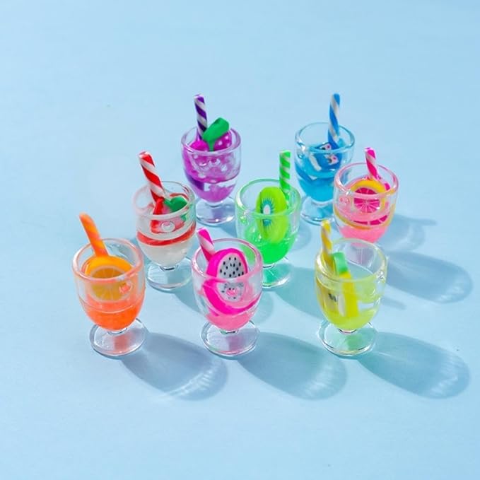8 Pcs Miniature Dollhouse Drink Set – Resin Glass Cups & Fruit Beverage Bottles, 1:12 Scale Simulated Summer Drinks for DIY Crafts, Jewelry Making, Mini House Bar Décor & Collectible Accessories