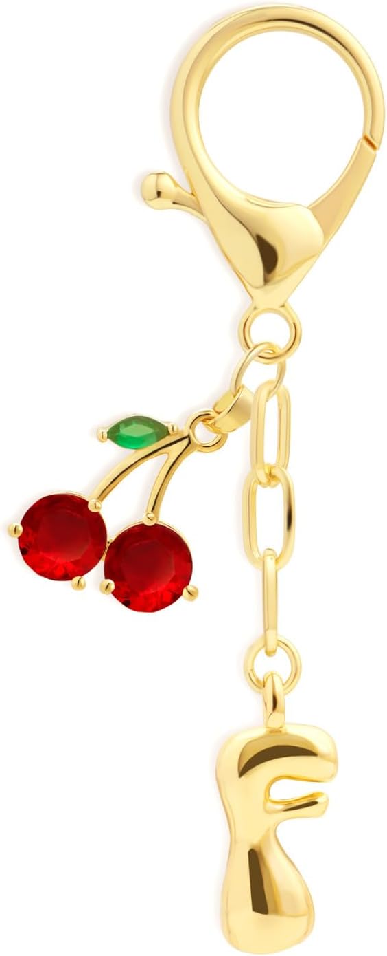 Fohufo Initial Keychains for Women - Cute Cherry Bag Charms Purse, 14K Gold Plated Keychain Accessories, Birthday Gifts