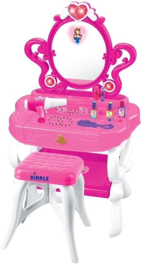 DIMPLE 2-in-1 Musical Piano Vanity Set Girls Toy Makeup Accessories Working Piano, Flashing Lights, Big Mirror, Pretend Cosmetics, Hair Dryer, Princess Image Appears in Mirror(7 AA Batteries Included)