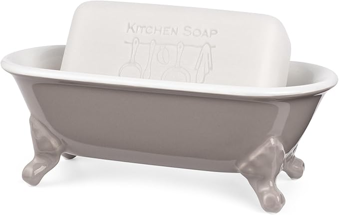 NEWHENGS 6.5" Ceramic Mini Decorative Clawfoot Bathtub Bar Soap Dish, Kitchen Sponge Holder and Shower Tray for Bathroom, 1 Pack(Taupe)