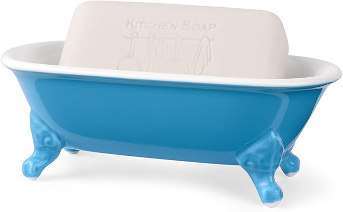NEWHENGS 6.5" Ceramic Mini Decorative Clawfoot Bathtub Bar Soap Dish, Kitchen Sponge Holder and Shower Tray for Bathroom, 1 Pack(Pacific Blue)