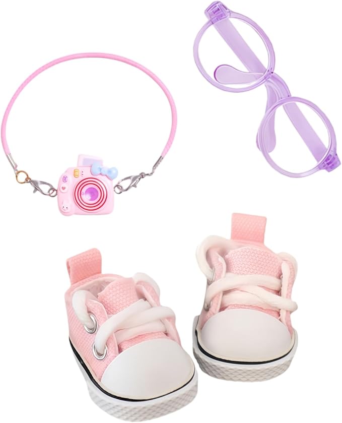 3 Pieces Doll Clothes Set Accessories, Mini Doll Canvas Sneakers Glasses Camera Decoration for 17cm Dolls, Mini Finger Shoes, Cute Outfit Clothing Accessory for 1st/2nd/3rd Gen Monsters Doll