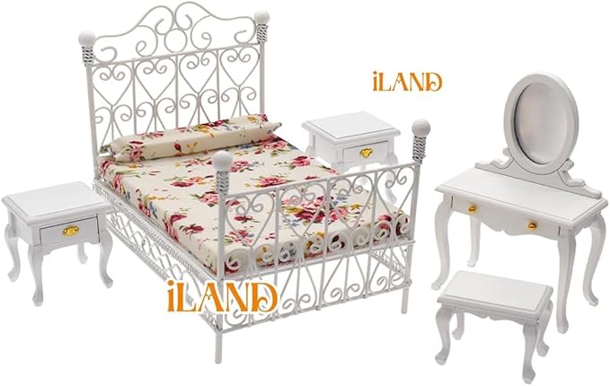 iLAND Victorian Dollhouse Furniture on 1:12 Scale, Dollhouse Bed Set 5pcs