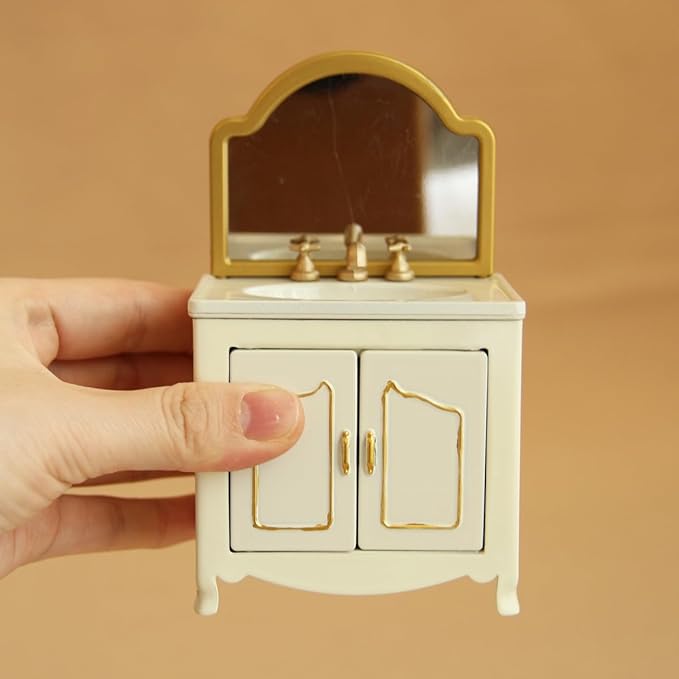 Funky Mini House Miniature Dollhouse Iron Sink Dresser with Mirror - 1:12 Scale Mini Vanity Metal Furniture, Cute Dollhouse Furniture for American Girl Dollhouse Bedroom Decor, Christmas/Birthday Gift