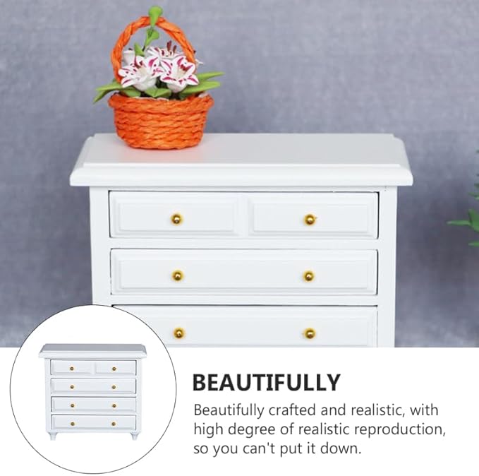 1:12 Dollhouse Miniature Furniture, Solid Wood Cabinet with White Drawers, Mini House Decor for Living Room and Bedroom Scenes, 3.81 X 3.42 X 1.65 Inches