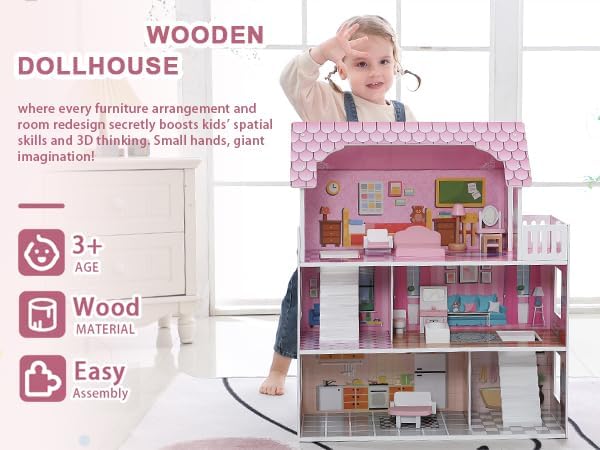 3 Story Dollhouse for Girls with Furniture, Pink Wooden Doll House Playset for Kids Ages 3-8, Multi-Room Modern Doll Cottage with Movable Accessories, Storage & Easy Assembly for Imaginative Role Play