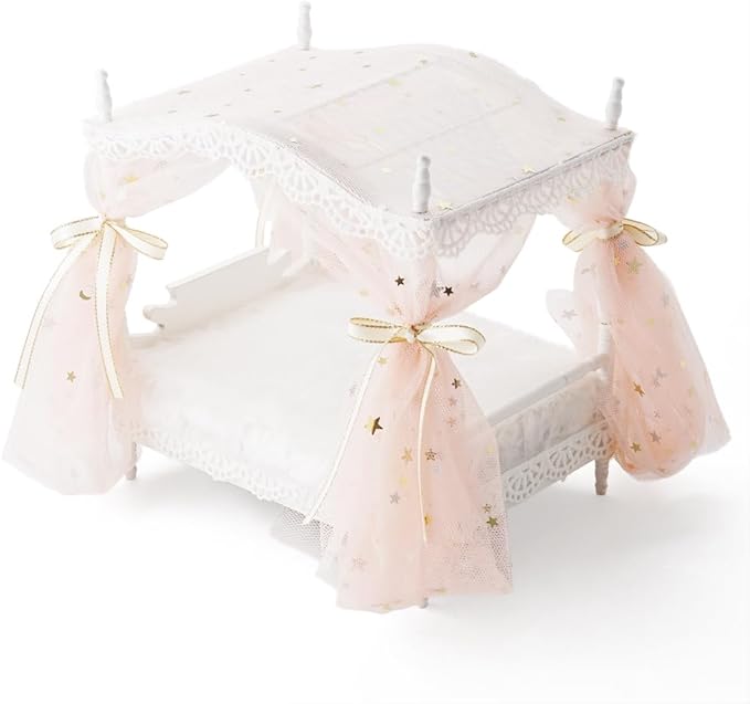 Odoria Dollhouse Princess Bed Miniature: 1/12 Scale Queen Bed Fluffy for 6 inch Dolls Bedroom - Mini Bedding Furniture with Luxury Canopy Pink