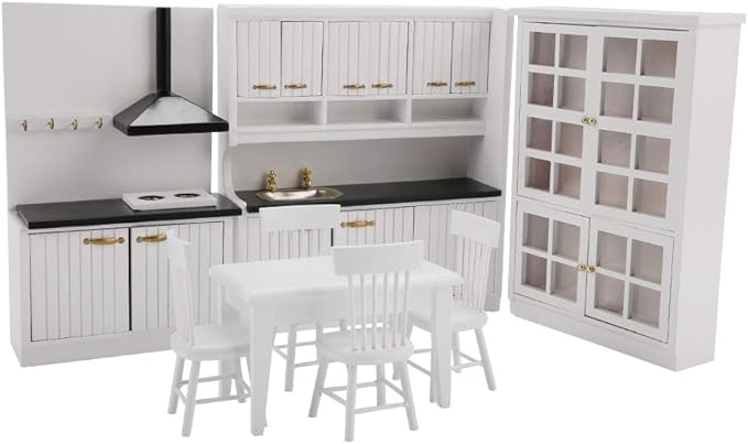 Dollhouse Miniature Kitchen Furniture, Modern Wooden White Set to Store Miniature Food, Exquisite Toy House Furniture, Suitable for 1/12 Scale Dollhouse, Made of
