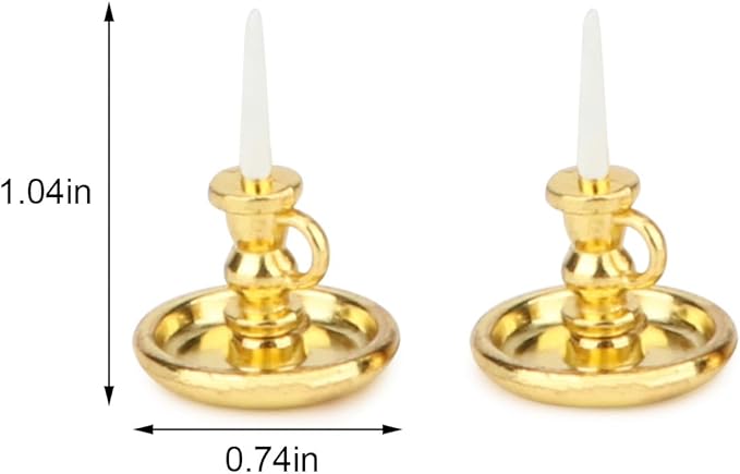 Dollhouse Miniature Candlesticks 2 PCS Candle Holder Set 1/12 Scale Vintage Candles Doll House Desk Ornament Accessories with Metal Round Base for for Fairy Garden (Golden)