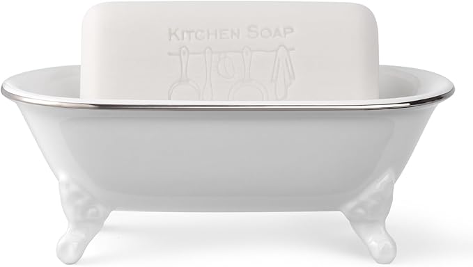 NEWHENGS 6.5" Ceramic Mini Decorative Clawfoot Bathtub Bar Soap Dish, Kitchen Sponge Holder and Shower Tray for Bathroom, 1 Pack (White Silver Rim)
