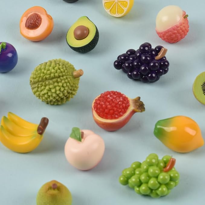 Mini Mixed Fruits 17Pcs, Artificial Fruit Miniature Resin Fruits Figurines Mini Fruit Models for Mini Kitchen Scene House Store Display Decoration