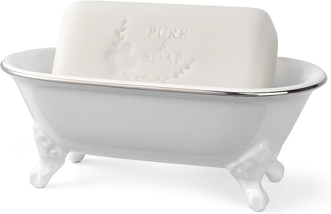 NEWHENGS 6.5" Ceramic Mini Decorative Clawfoot Bathtub Bar Soap Dish, Kitchen Sponge Holder and Shower Tray for Bathroom, 1 Pack (White Silver Rim)