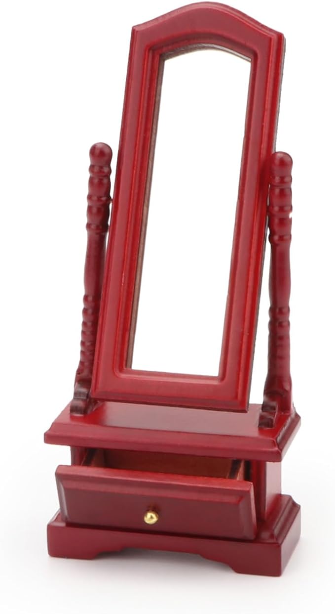 Miniature Furniture Fitting Mirror 1:12 Scale Dollhouse Bedroom Dressing Mirror with Drawer Model Accessory Mini Scene Ornament Desktop Decoration（Red